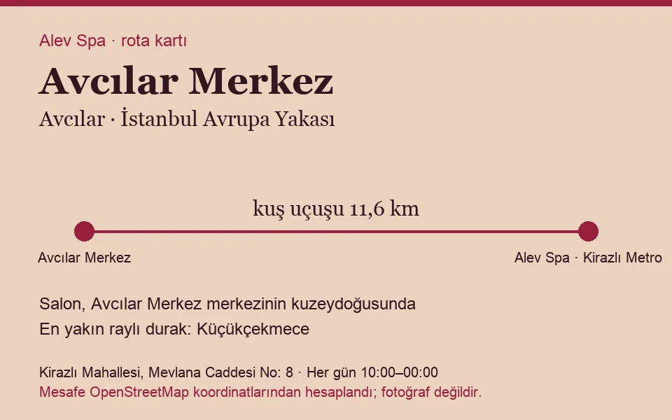 Merkez (Avcılar) masaj salonu rota kartı: Alev Spa'ya kuş uçuşu 11,6 km, salon kuzeydoğusunda
