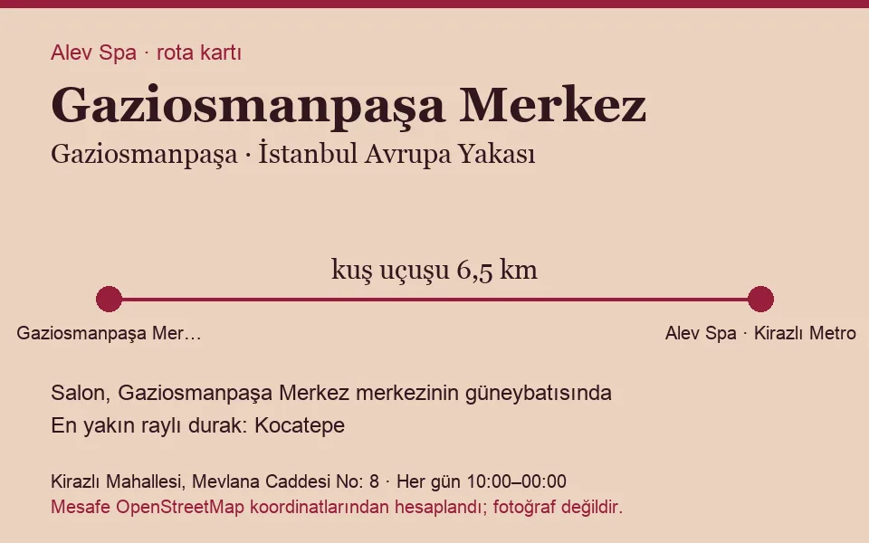 Merkez (Gaziosmanpaşa) masaj salonu rota kartı: Alev Spa'ya kuş uçuşu 6,5 km, salon güneybatısında