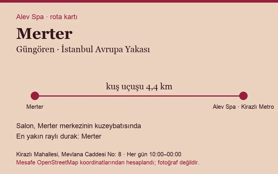 Merter masaj salonu rota kartı: Alev Spa'ya kuş uçuşu 4,4 km, salon kuzeybatısında
