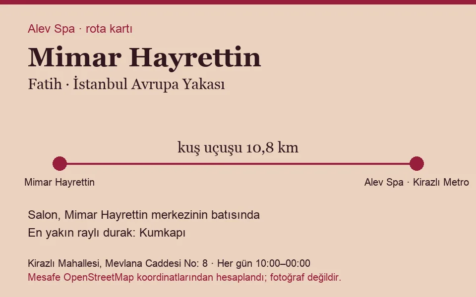 Mimar Hayrettin masaj salonu rota kartı: Alev Spa'ya kuş uçuşu 10,8 km, salon batısında