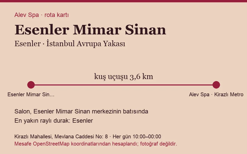 Mimar Sinan (Esenler) masaj salonu rota kartı: Alev Spa'ya kuş uçuşu 3,6 km, salon batısında