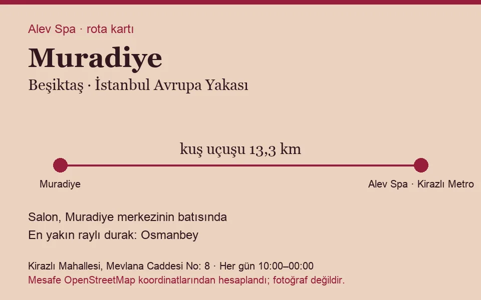 Muradiye masaj salonu rota kartı: Alev Spa'ya kuş uçuşu 13,3 km, salon batısında