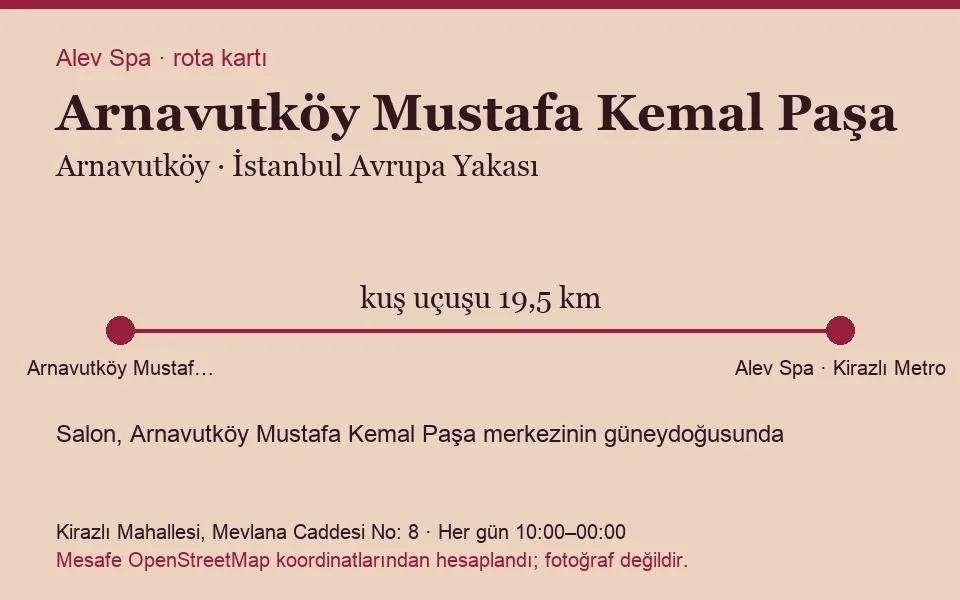 Mustafa Kemal Paşa (Arnavutköy) masaj salonu rota kartı: Alev Spa'ya kuş uçuşu 19,5 km, salon güneydoğusunda