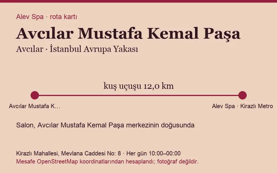 Mustafa Kemal Paşa (Avcılar) masaj salonu rota kartı: Alev Spa'ya kuş uçuşu 12,0 km, salon doğusunda