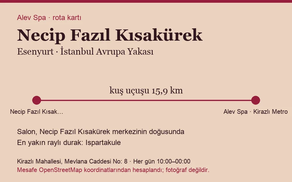 Necip Fazıl Kısakürek masaj salonu rota kartı: Alev Spa'ya kuş uçuşu 15,9 km, salon doğusunda