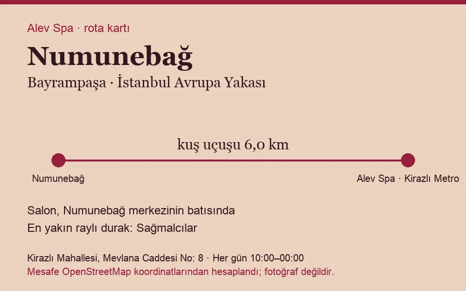 Numunebağ masaj salonu rota kartı: Alev Spa'ya kuş uçuşu 6,0 km, salon batısında