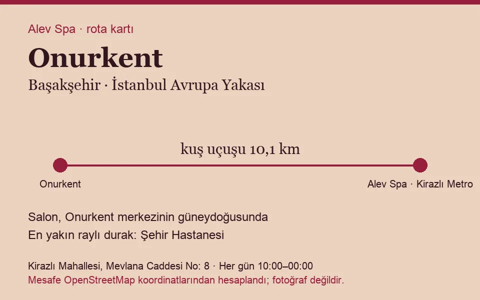 Onurkent masaj salonu rota kartı: Alev Spa'ya kuş uçuşu 10,1 km, salon güneydoğusunda