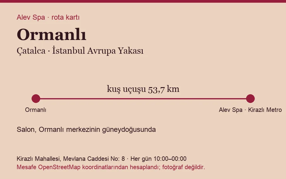 Ormanlı masaj salonu rota kartı: Alev Spa'ya kuş uçuşu 53,7 km, salon güneydoğusunda