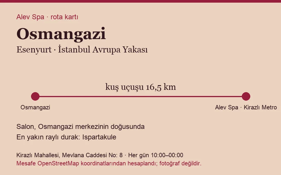 Osmangazi masaj salonu rota kartı: Alev Spa'ya kuş uçuşu 16,5 km, salon doğusunda