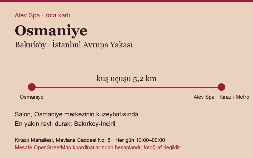 Osmaniye masaj salonu rota kartı: Alev Spa'ya kuş uçuşu 5,2 km, salon kuzeybatısında