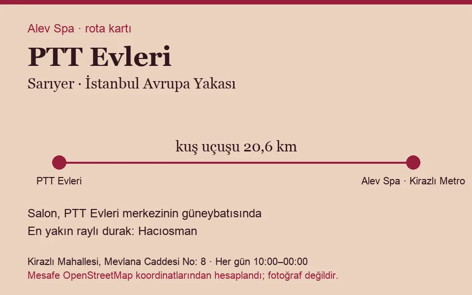 PTT Evleri masaj salonu rota kartı: Alev Spa'ya kuş uçuşu 20,6 km, salon güneybatısında