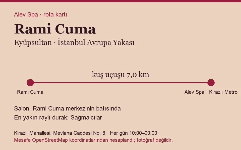 Rami Cuma masaj salonu rota kartı: Alev Spa'ya kuş uçuşu 7,0 km, salon batısında