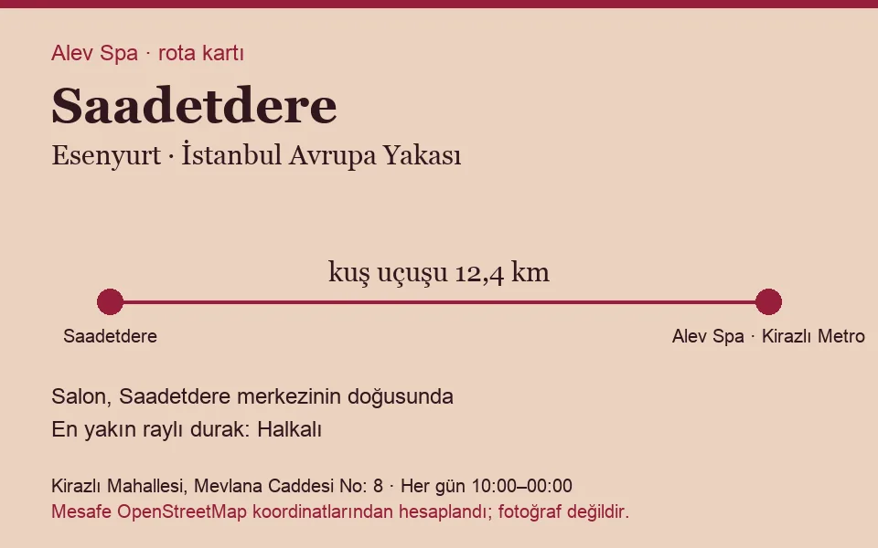 Saadetdere masaj salonu rota kartı: Alev Spa'ya kuş uçuşu 12,4 km, salon doğusunda