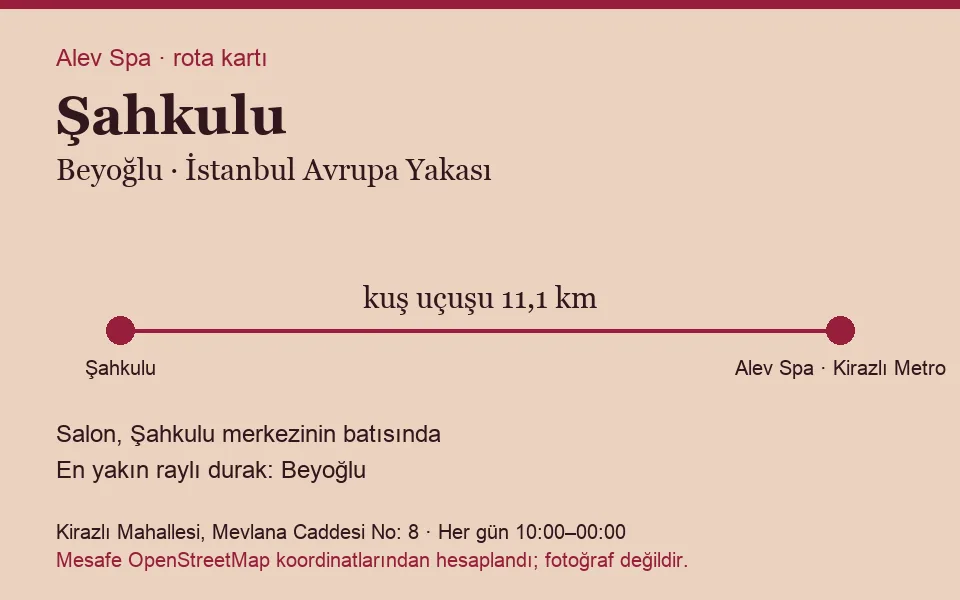 Şahkulu masaj salonu rota kartı: Alev Spa'ya kuş uçuşu 11,1 km, salon batısında