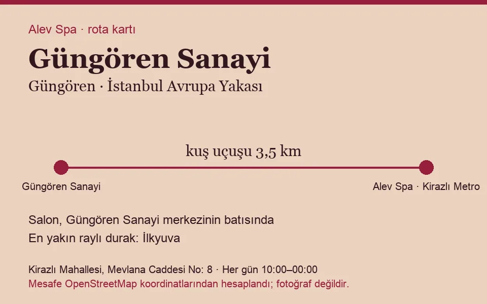 Sanayi (Güngören) masaj salonu rota kartı: Alev Spa'ya kuş uçuşu 3,5 km, salon batısında