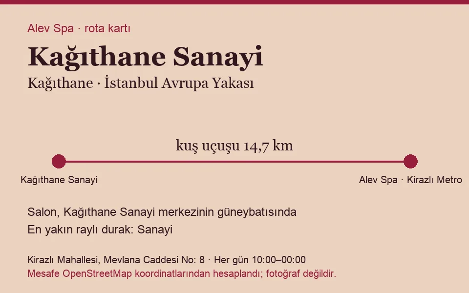 Sanayi (Kağıthane) masaj salonu rota kartı: Alev Spa'ya kuş uçuşu 14,7 km, salon güneybatısında