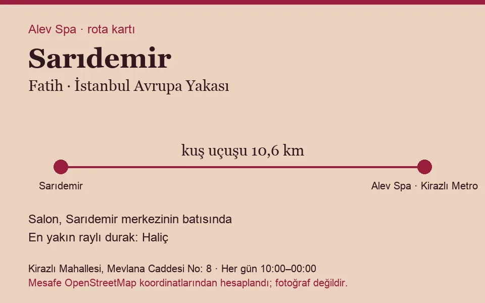 Sarıdemir masaj salonu rota kartı: Alev Spa'ya kuş uçuşu 10,6 km, salon batısında