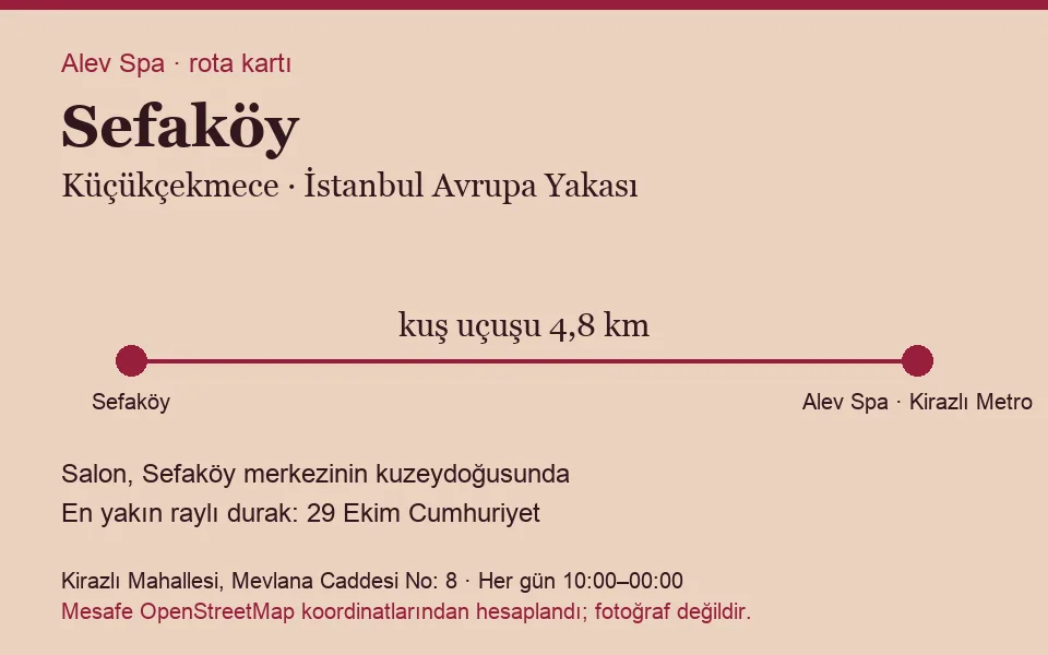 Sefaköy masaj salonu rota kartı: Alev Spa'ya kuş uçuşu 4,8 km, salon kuzeydoğusunda