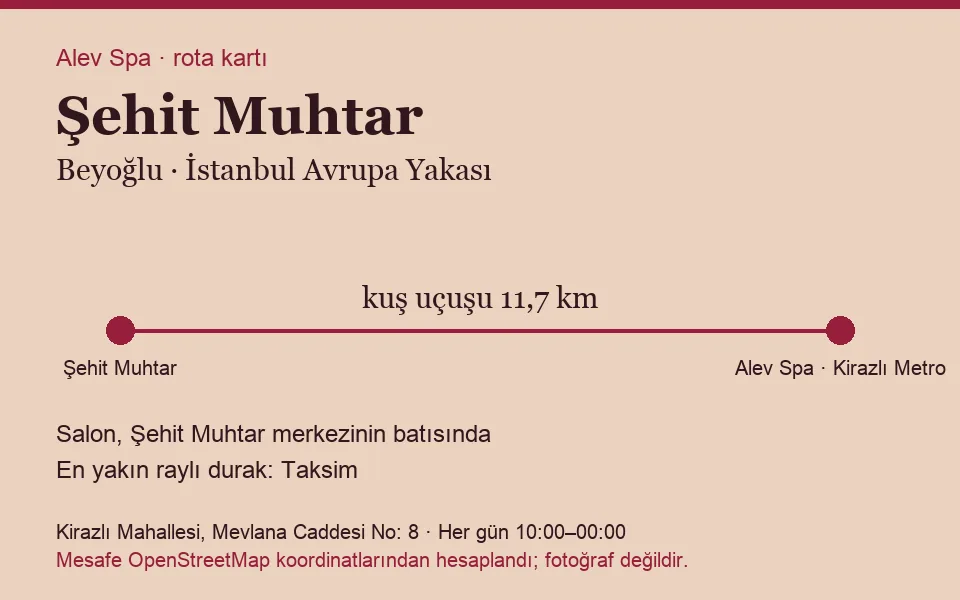 Şehit Muhtar masaj salonu rota kartı: Alev Spa'ya kuş uçuşu 11,7 km, salon batısında