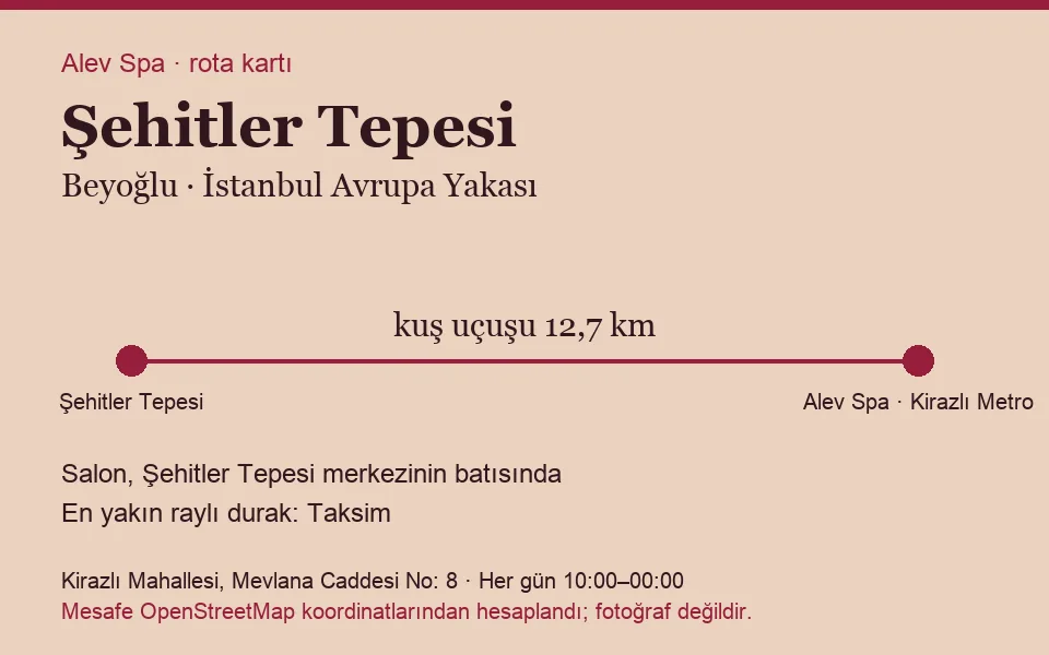 Şehitler Tepesi masaj salonu rota kartı: Alev Spa'ya kuş uçuşu 12,7 km, salon batısında