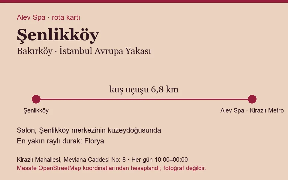 Şenlikköy masaj salonu rota kartı: Alev Spa'ya kuş uçuşu 6,8 km, salon kuzeydoğusunda