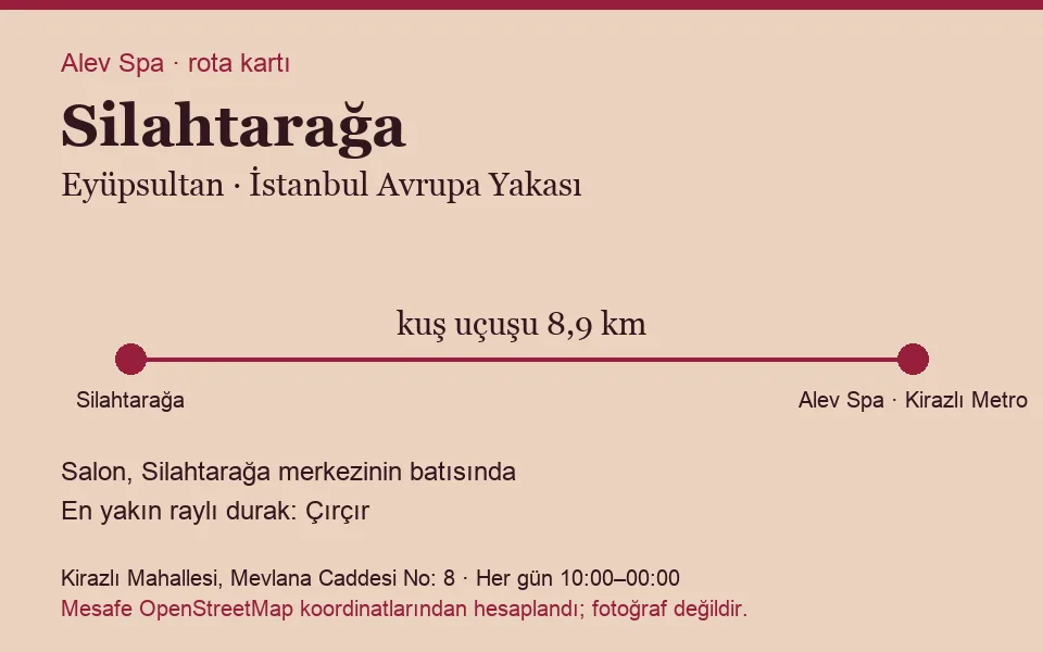 Silahtarağa masaj salonu rota kartı: Alev Spa'ya kuş uçuşu 8,9 km, salon batısında
