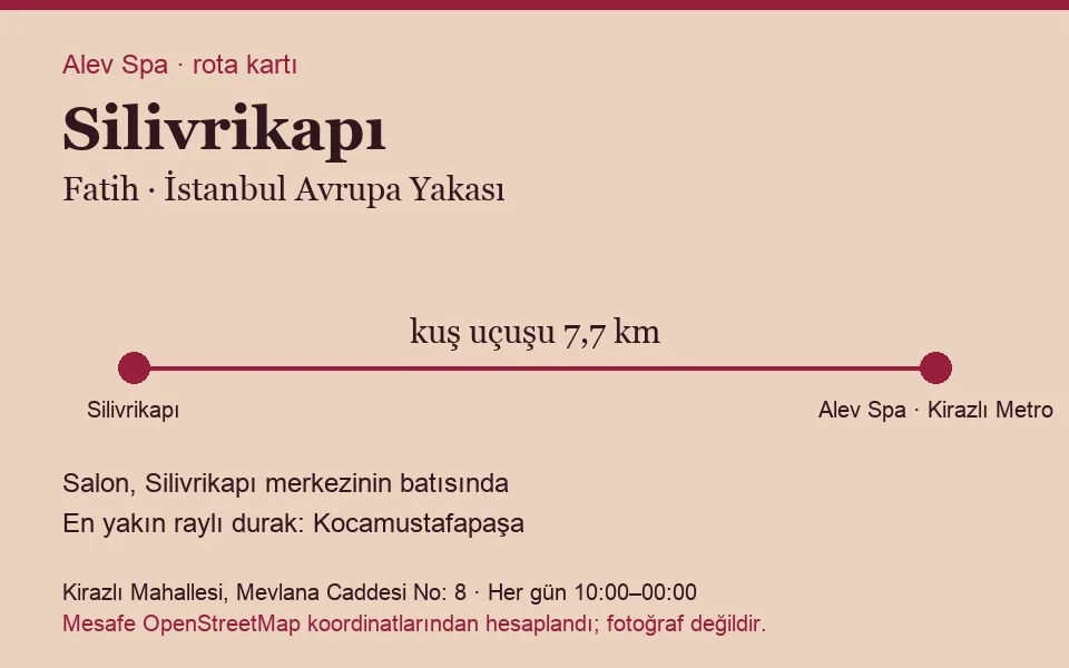 Silivrikapı masaj salonu rota kartı: Alev Spa'ya kuş uçuşu 7,7 km, salon batısında