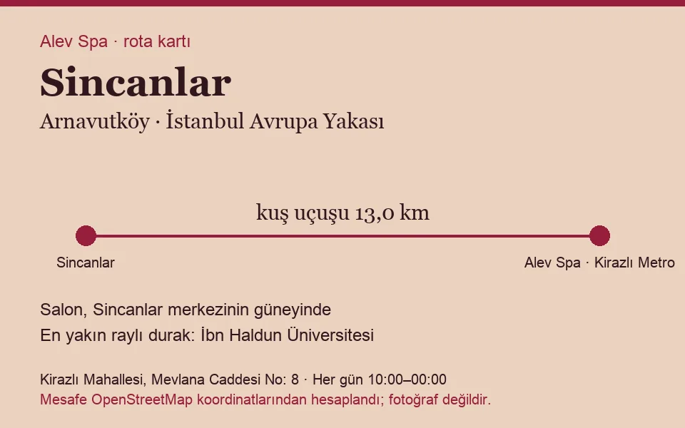 Sincanlar masaj salonu rota kartı: Alev Spa'ya kuş uçuşu 13,0 km, salon güneyinde