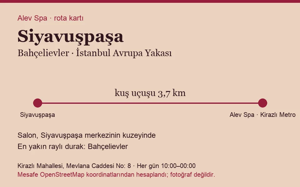Siyavuşpaşa masaj salonu rota kartı: Alev Spa'ya kuş uçuşu 3,7 km, salon kuzeyinde