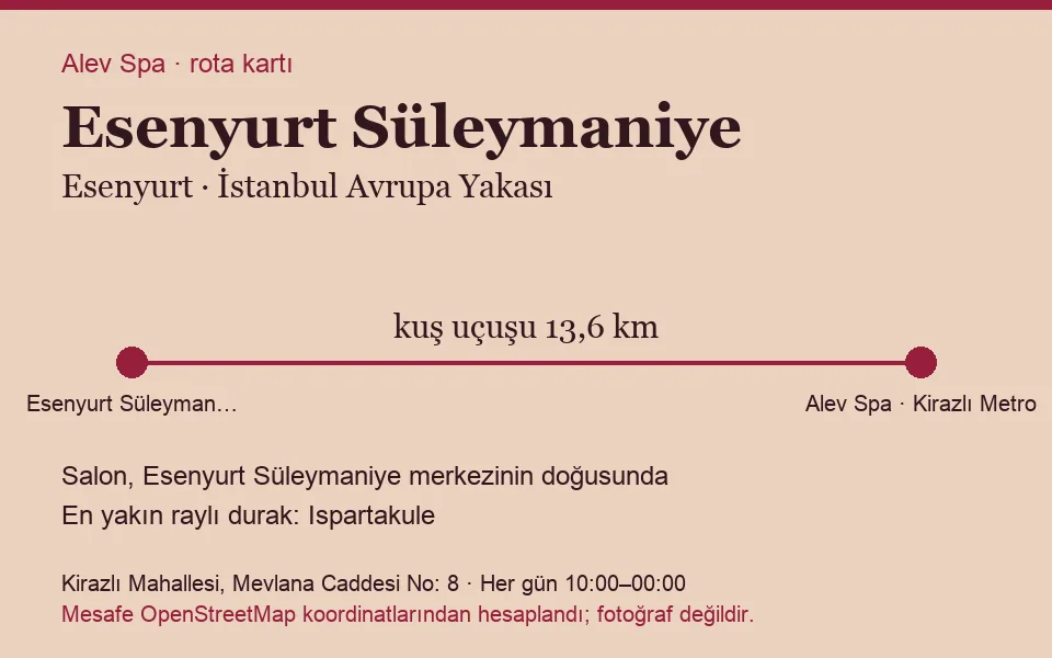 Süleymaniye (Esenyurt) masaj salonu rota kartı: Alev Spa'ya kuş uçuşu 13,6 km, salon doğusunda