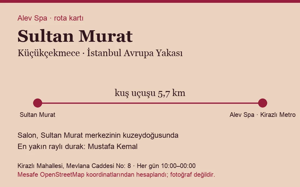 Sultan Murat masaj salonu rota kartı: Alev Spa'ya kuş uçuşu 5,7 km, salon kuzeydoğusunda