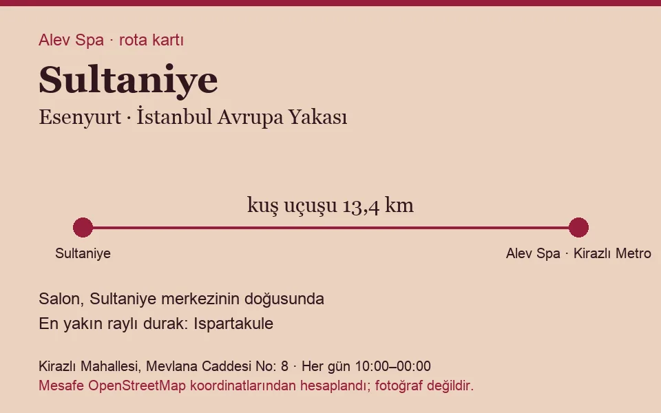 Sultaniye masaj salonu rota kartı: Alev Spa'ya kuş uçuşu 13,4 km, salon doğusunda