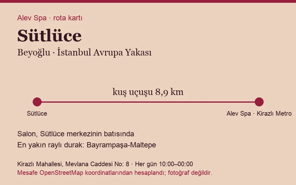 Sütlüce masaj salonu rota kartı: Alev Spa'ya kuş uçuşu 8,9 km, salon batısında