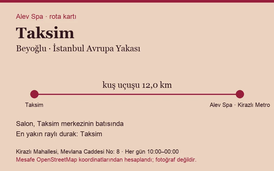 Taksim masaj salonu rota kartı: Alev Spa'ya kuş uçuşu 12,0 km, salon batısında