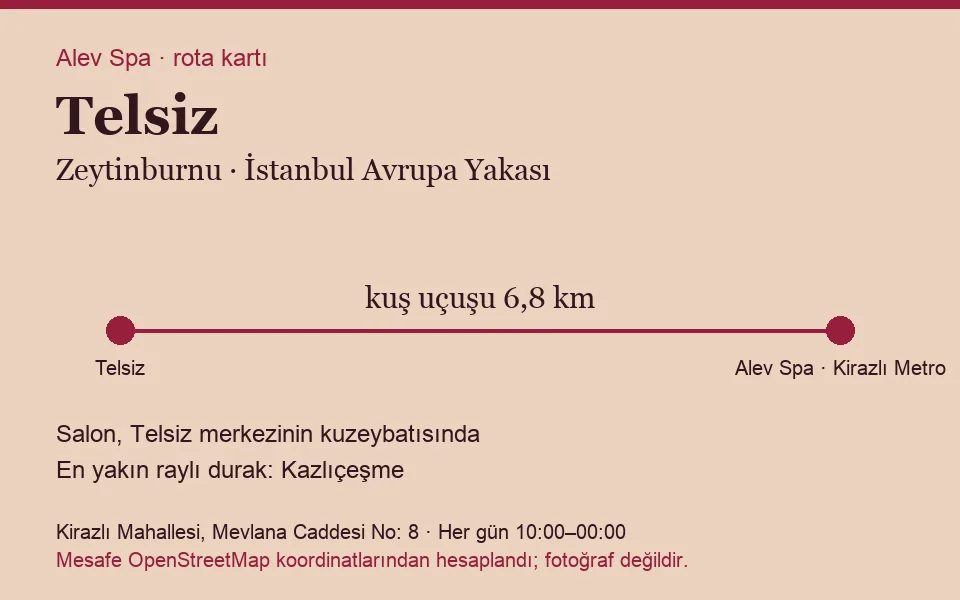 Telsiz masaj salonu rota kartı: Alev Spa'ya kuş uçuşu 6,8 km, salon kuzeybatısında