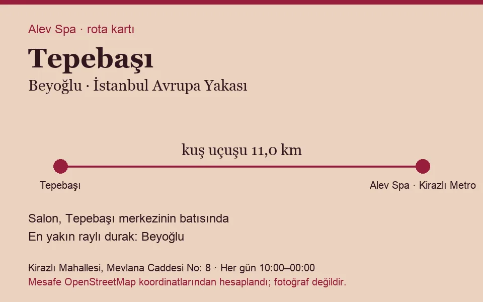 Tepebaşı masaj salonu rota kartı: Alev Spa'ya kuş uçuşu 11,0 km, salon batısında