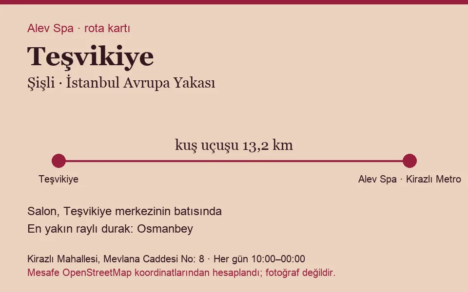 Teşvikiye masaj salonu rota kartı: Alev Spa'ya kuş uçuşu 13,2 km, salon batısında