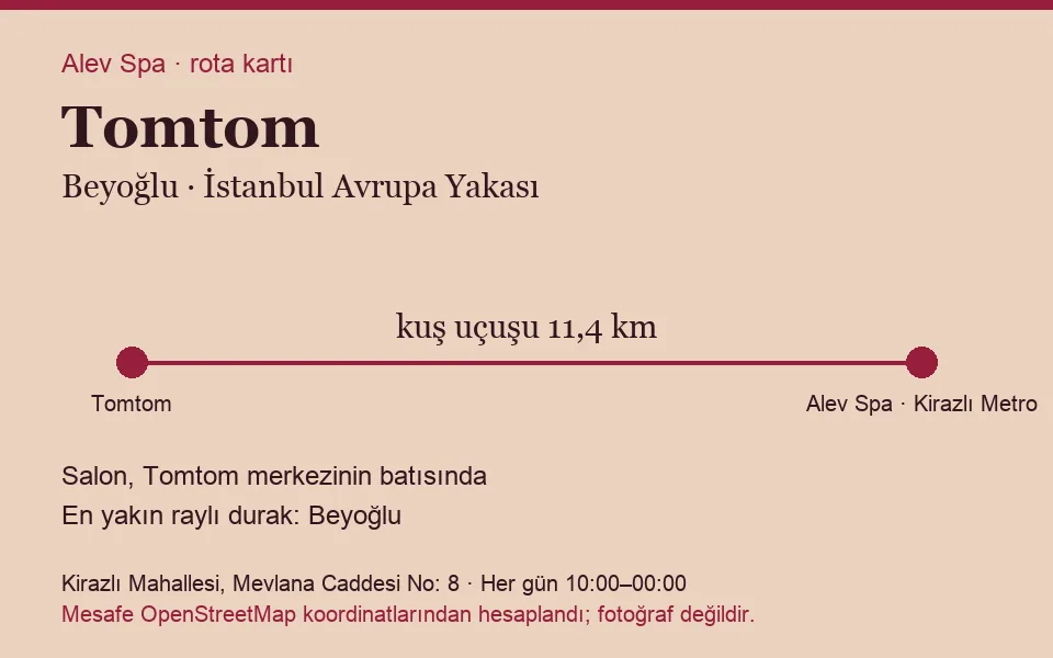 Tomtom masaj salonu rota kartı: Alev Spa'ya kuş uçuşu 11,4 km, salon batısında
