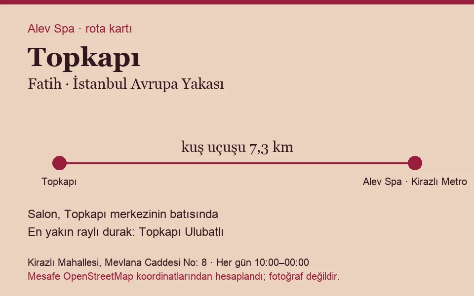 Topkapı masaj salonu rota kartı: Alev Spa'ya kuş uçuşu 7,3 km, salon batısında
