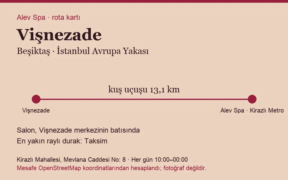 Vişnezade masaj salonu rota kartı: Alev Spa'ya kuş uçuşu 13,1 km, salon batısında