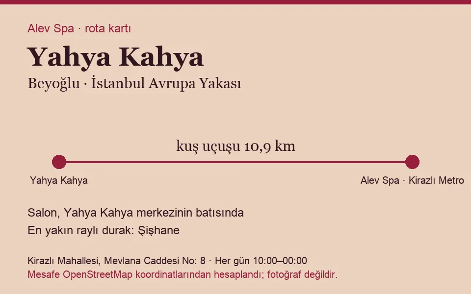 Yahya Kahya masaj salonu rota kartı: Alev Spa'ya kuş uçuşu 10,9 km, salon batısında