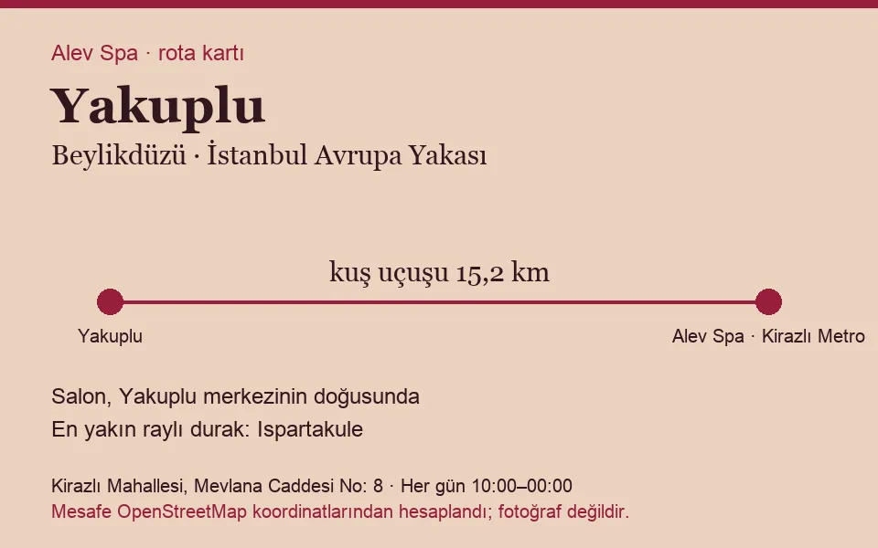 Yakuplu masaj salonu rota kartı: Alev Spa'ya kuş uçuşu 15,2 km, salon doğusunda