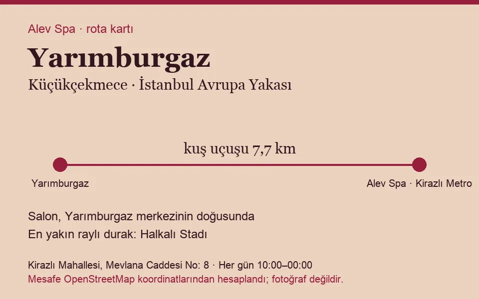 Yarımburgaz masaj salonu rota kartı: Alev Spa'ya kuş uçuşu 7,7 km, salon doğusunda