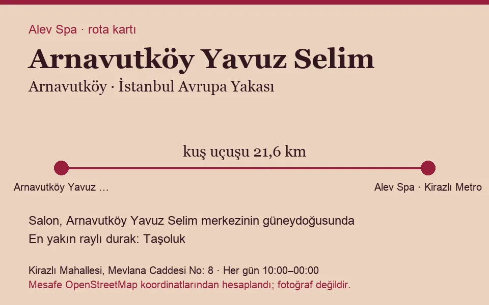 Yavuz Selim (Arnavutköy) masaj salonu rota kartı: Alev Spa'ya kuş uçuşu 21,6 km, salon güneydoğusunda