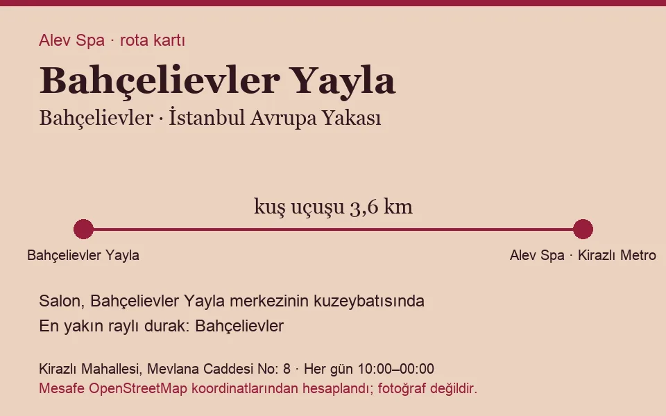 Yayla (Bahçelievler) masaj salonu rota kartı: Alev Spa'ya kuş uçuşu 3,6 km, salon kuzeybatısında