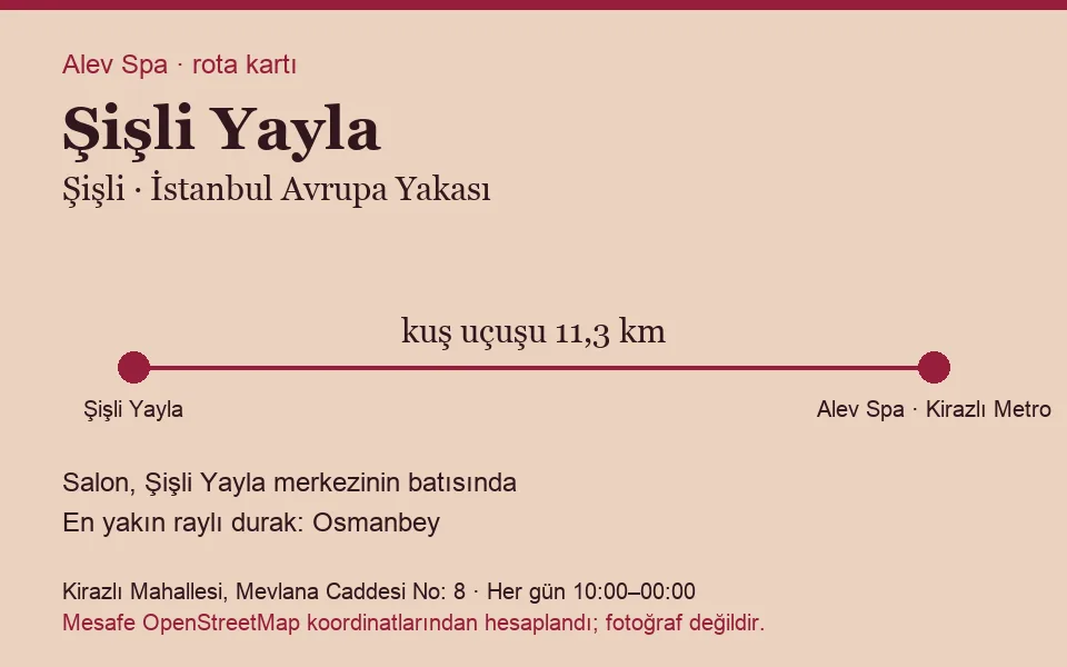 Yayla (Şişli) masaj salonu rota kartı: Alev Spa'ya kuş uçuşu 11,3 km, salon batısında