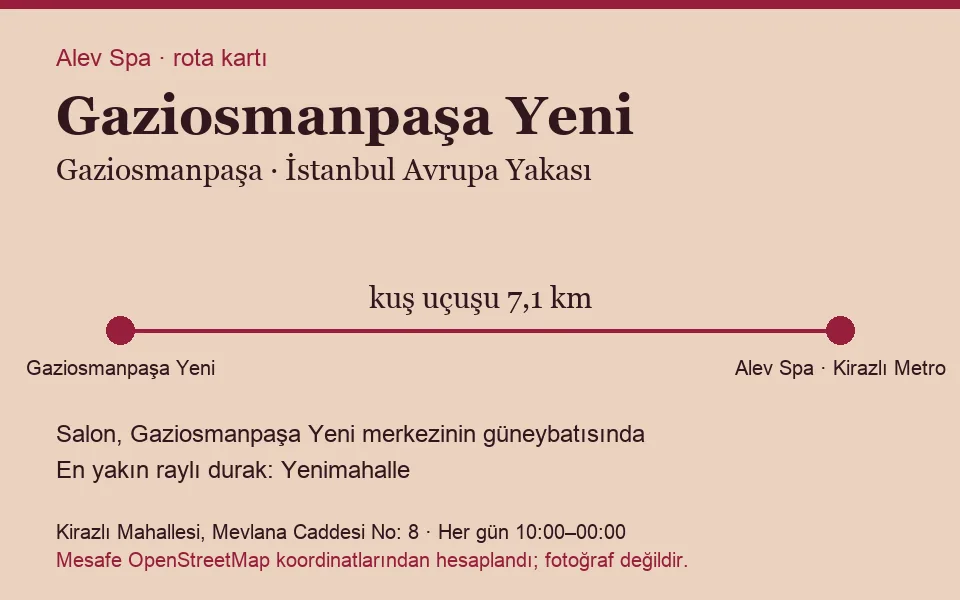 Yeni (Gaziosmanpaşa) masaj salonu rota kartı: Alev Spa'ya kuş uçuşu 7,1 km, salon güneybatısında