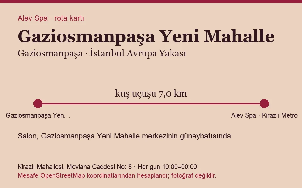 Yeni Mahalle (Gaziosmanpaşa) masaj salonu rota kartı: Alev Spa'ya kuş uçuşu 7,0 km, salon güneybatısında