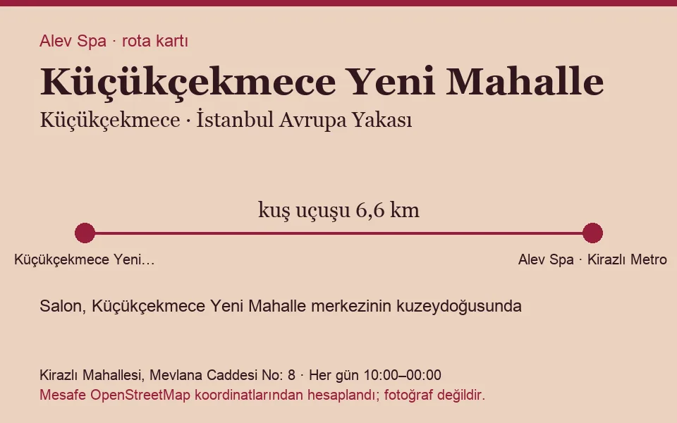Yeni Mahalle (Küçükçekmece) masaj salonu rota kartı: Alev Spa'ya kuş uçuşu 6,6 km, salon kuzeydoğusunda