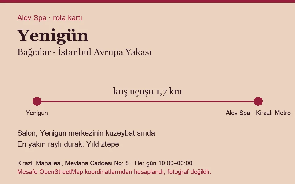 Yenigün masaj salonu rota kartı: Alev Spa'ya kuş uçuşu 1,7 km, salon kuzeybatısında